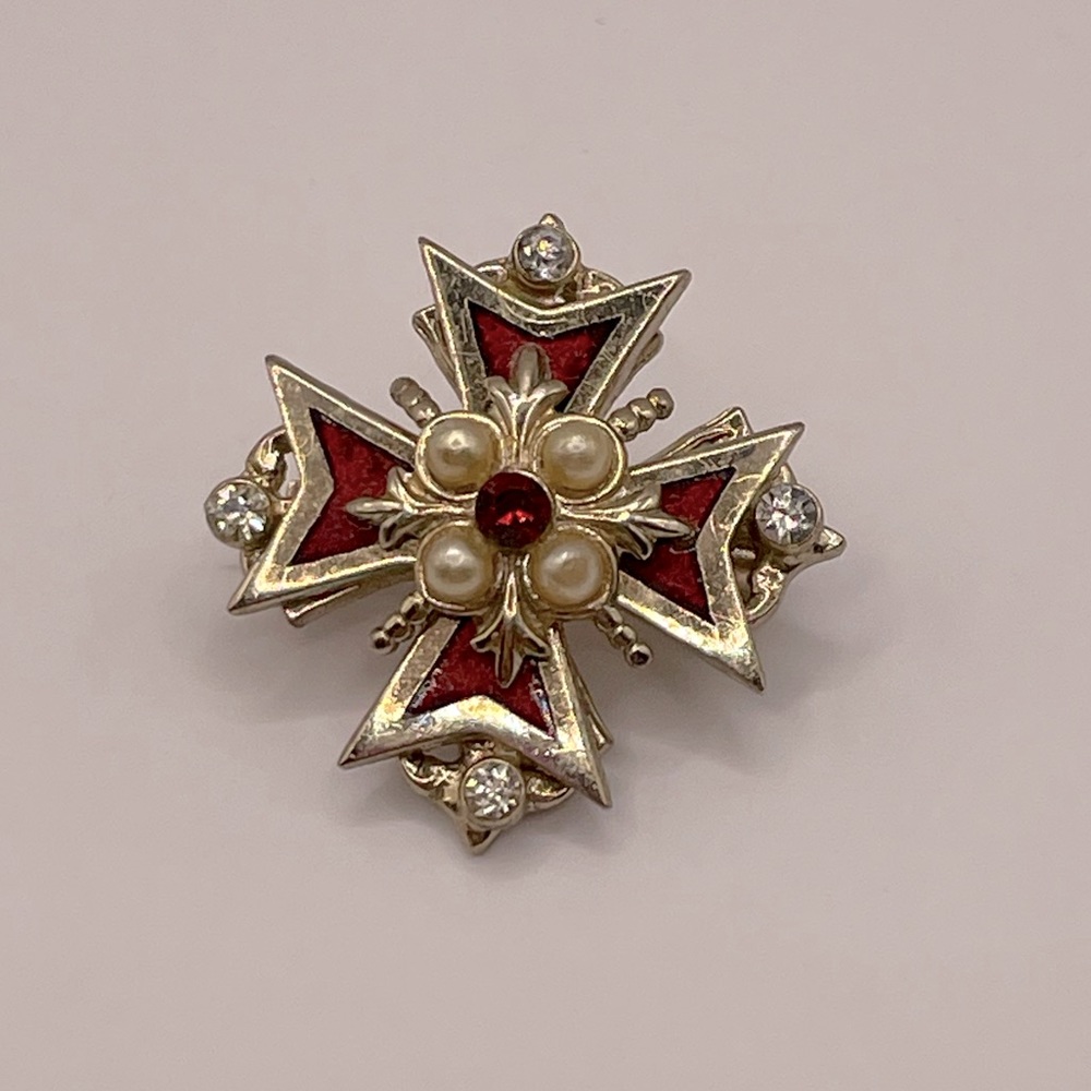 VINTAGE Crystal Pearl Enamel Cross Brooch